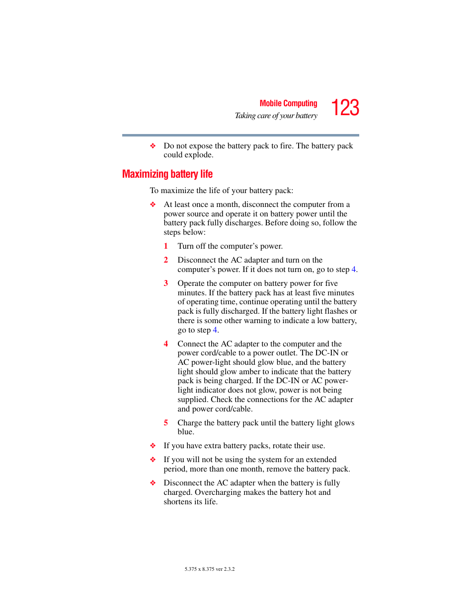 Maximizing battery life, Please see, Maximizing | Toshiba P100/P105 User Manual | Page 123 / 280