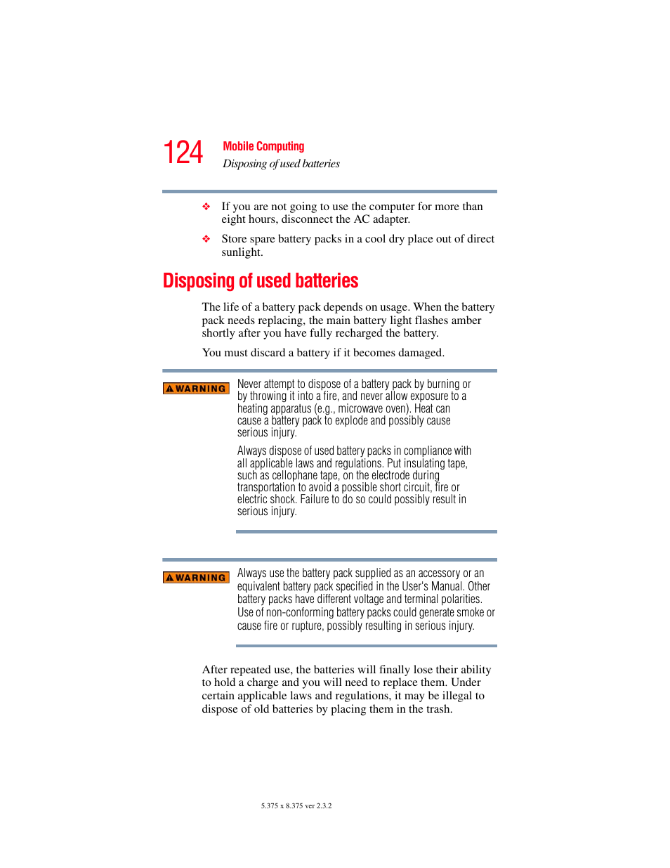 Disposing of used batteries | Toshiba P100/P105 User Manual | Page 124 / 280