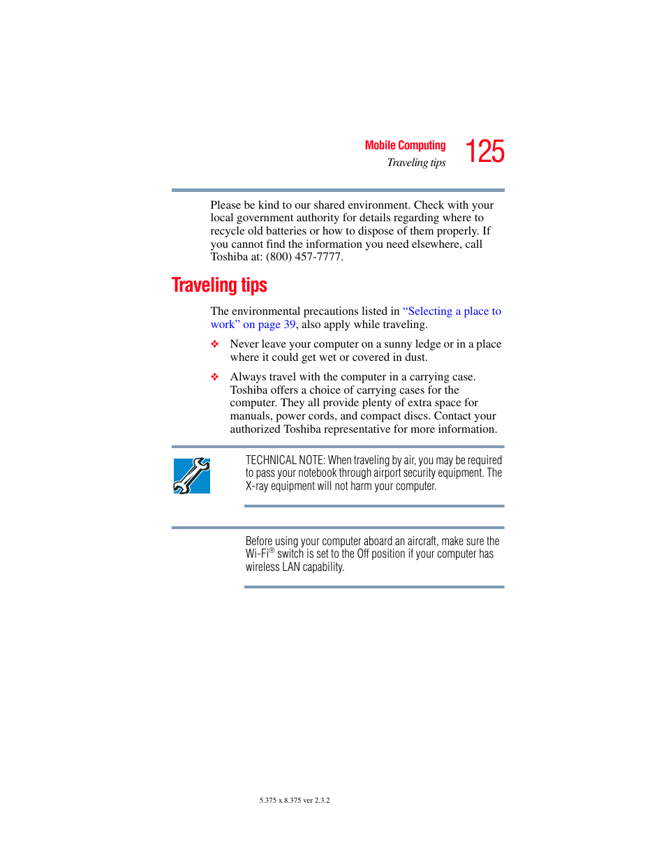 Traveling tips | Toshiba P100/P105 User Manual | Page 125 / 280