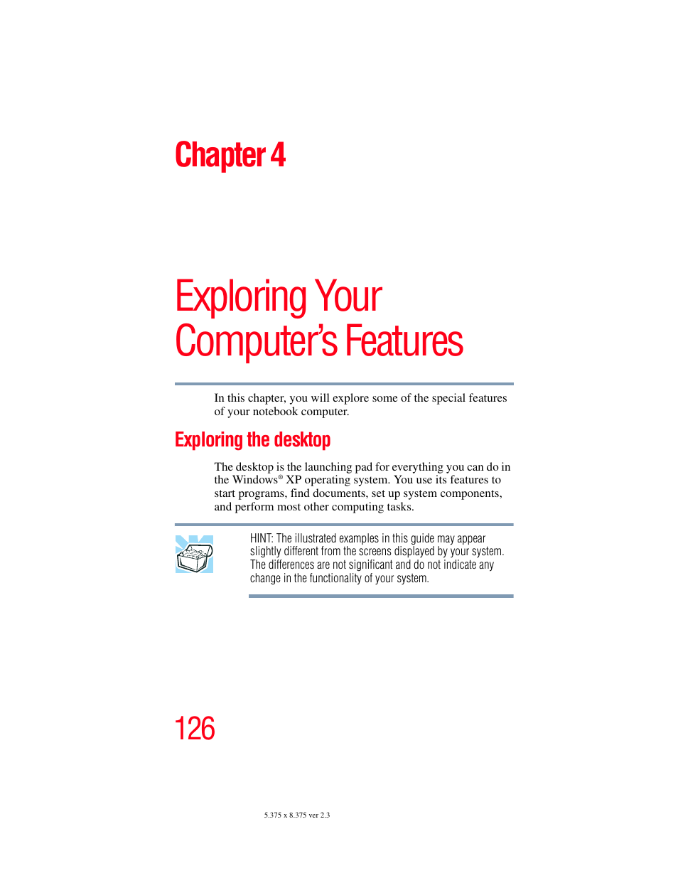 Chapter 4: exploring your computer’s features, Exploring the desktop, Exploring your computer’s features | Chapter 4 | Toshiba P100/P105 User Manual | Page 126 / 280