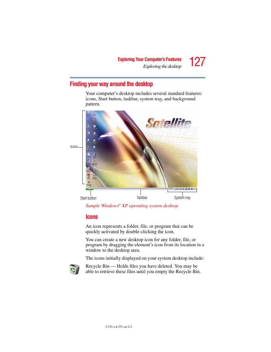 Finding your way around the desktop, Icons | Toshiba P100/P105 User Manual | Page 127 / 280