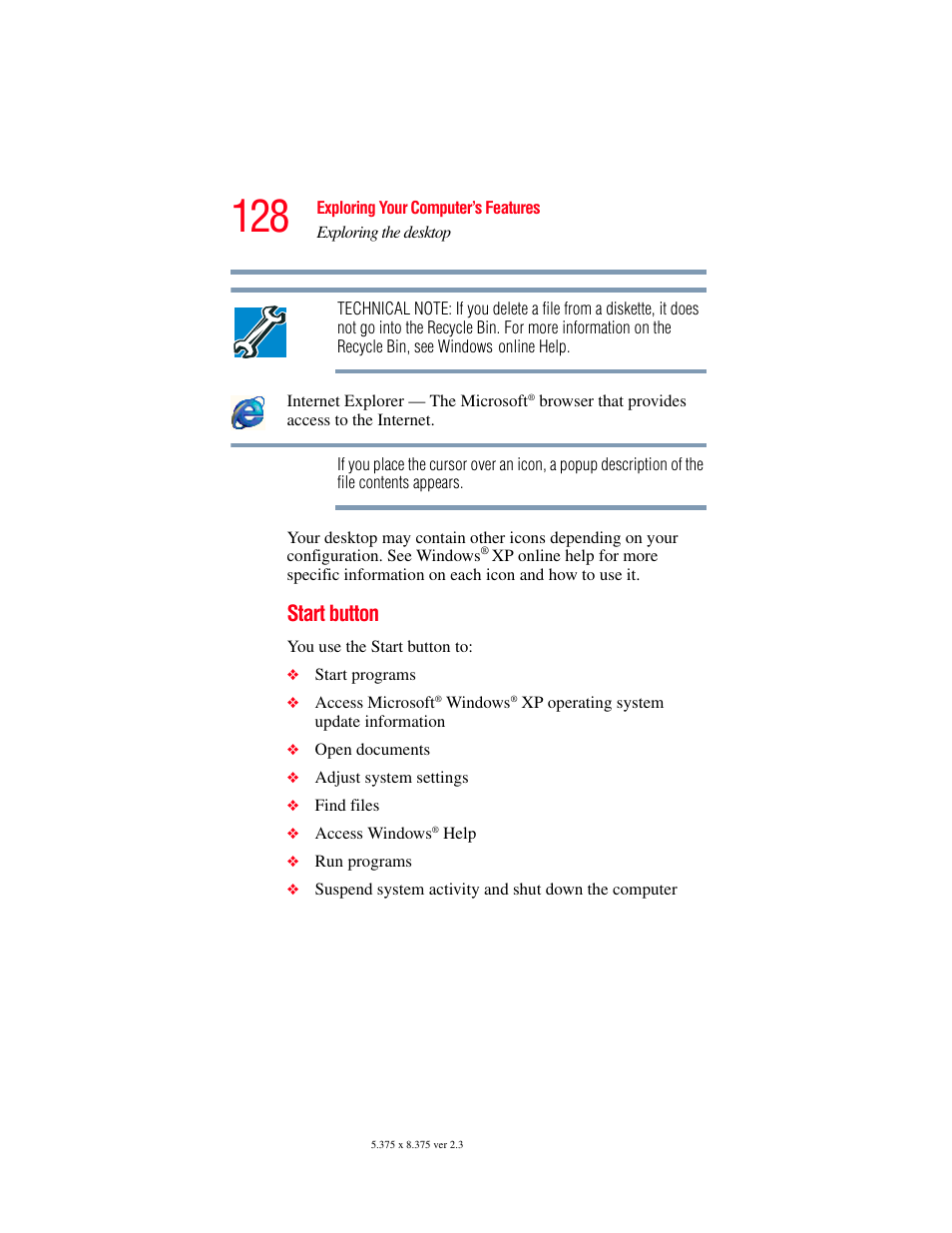 Start button | Toshiba P100/P105 User Manual | Page 128 / 280