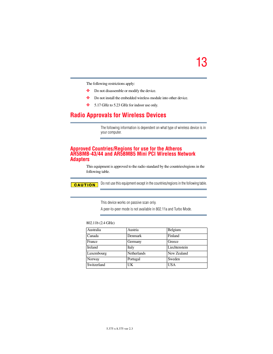 Radio approvals for wireless devices | Toshiba P100/P105 User Manual | Page 13 / 280