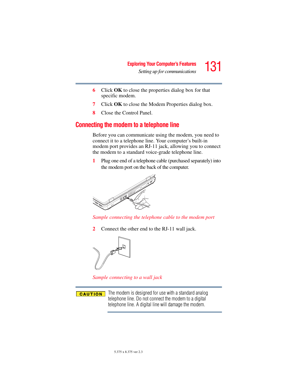 Connecting the modem to a telephone line | Toshiba P100/P105 User Manual | Page 131 / 280