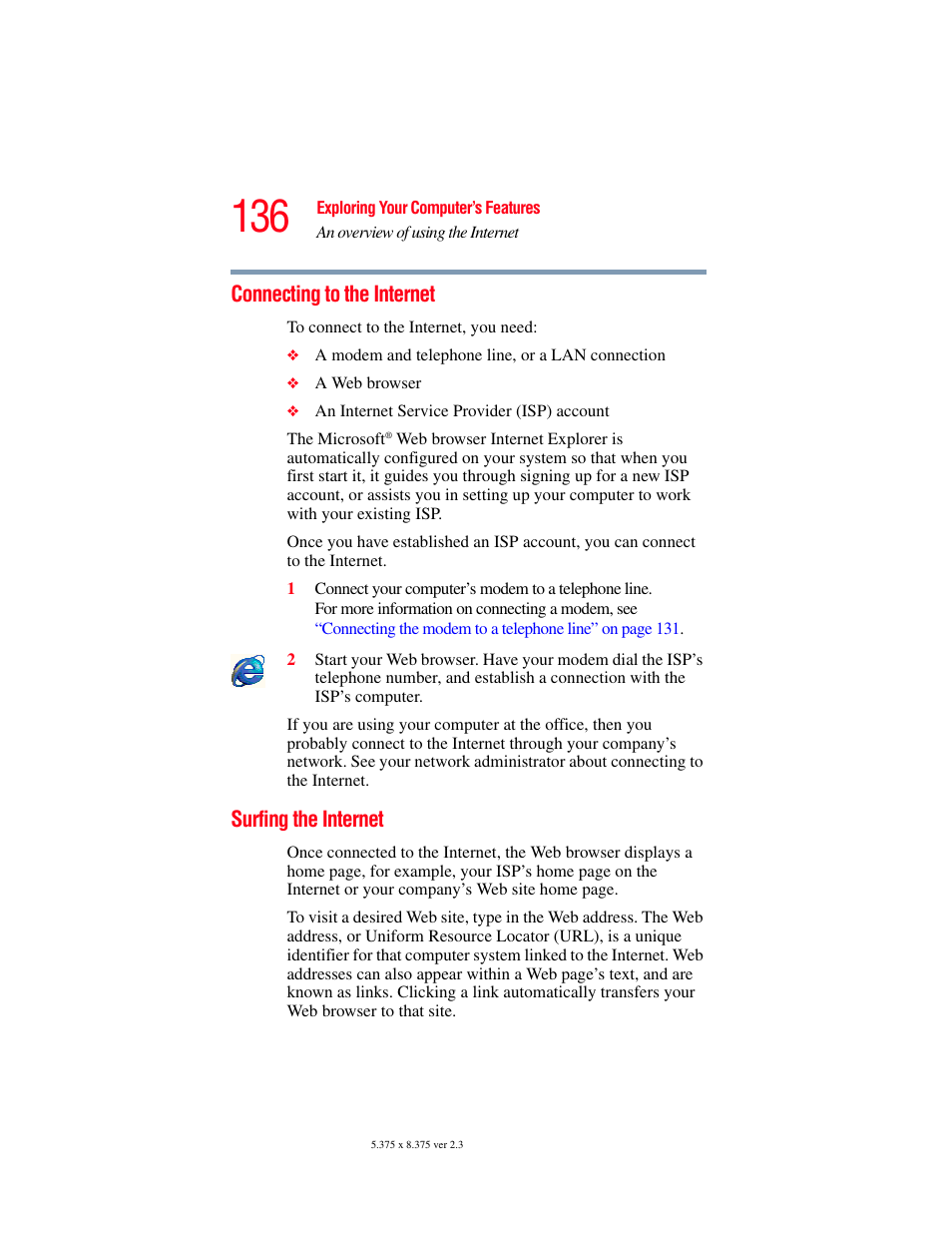 Connecting to the internet, Surfing the internet, Connecting to the internet surfing the internet | Toshiba P100/P105 User Manual | Page 136 / 280