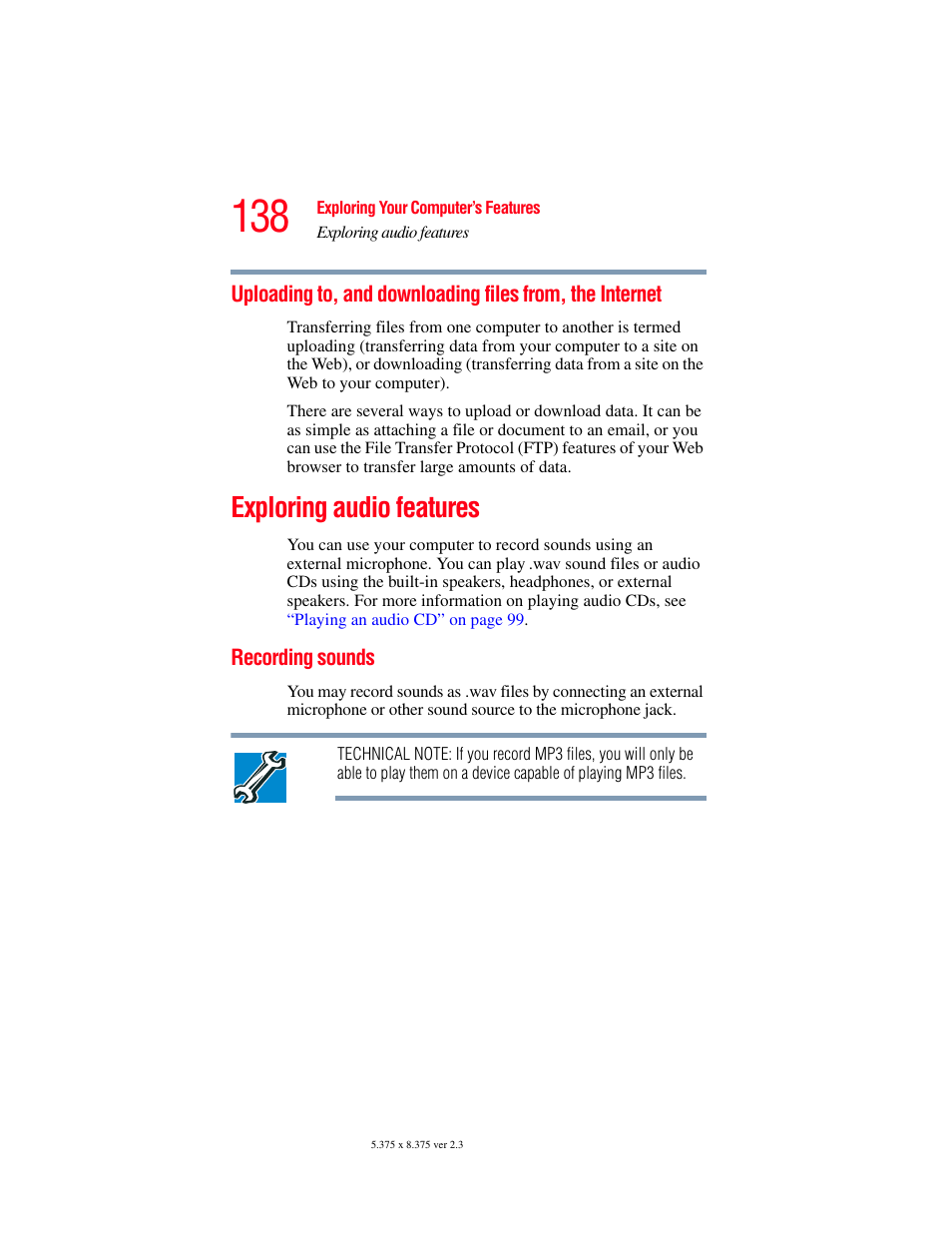 Exploring audio features, Recording sounds, Uploading to, and downloading files from | The internet | Toshiba P100/P105 User Manual | Page 138 / 280