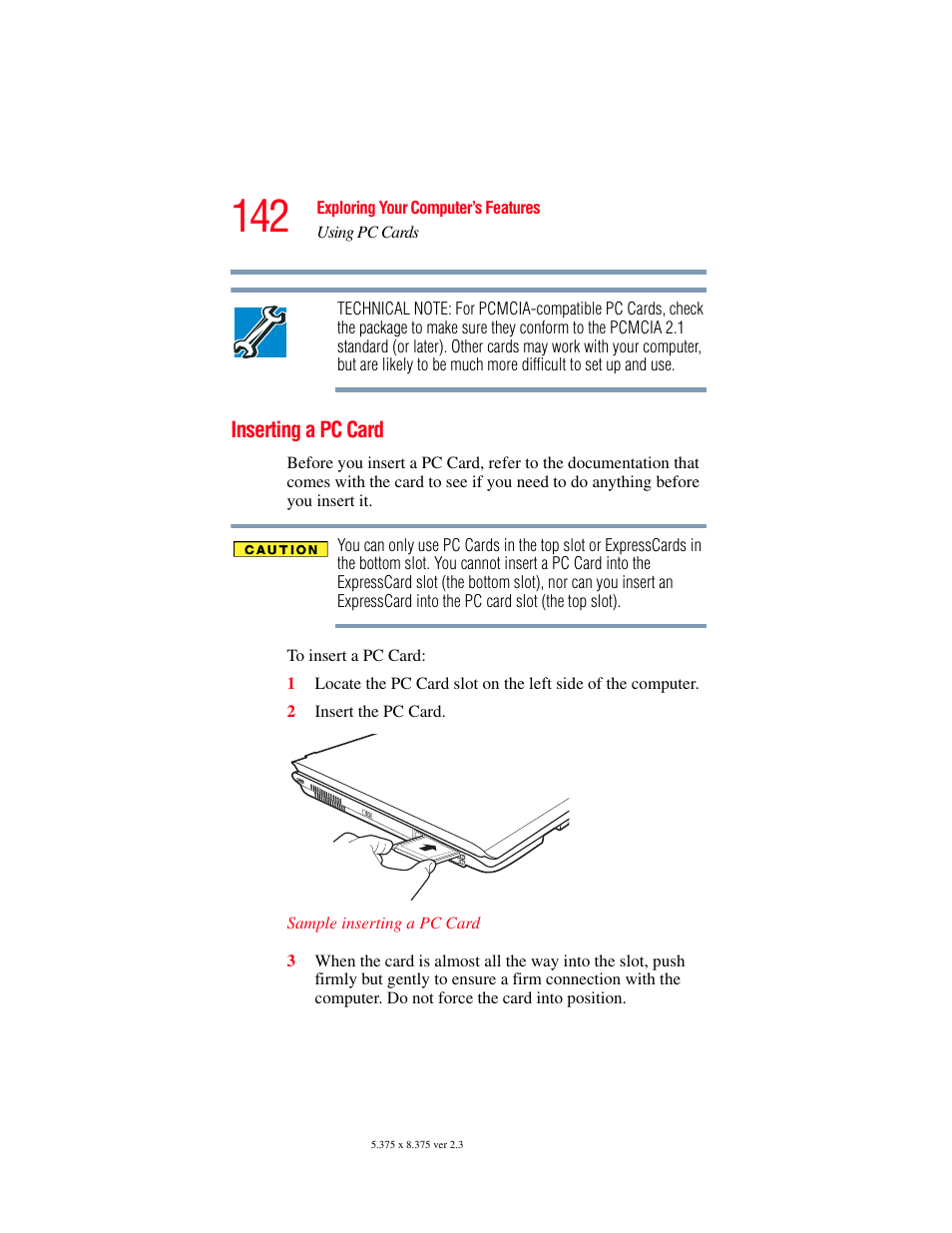 Inserting a pc card | Toshiba P100/P105 User Manual | Page 142 / 280