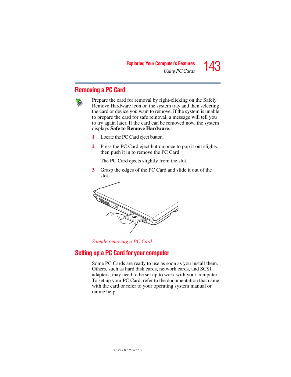 Removing a pc card, Setting up a pc card for your computer | Toshiba P100/P105 User Manual | Page 143 / 280