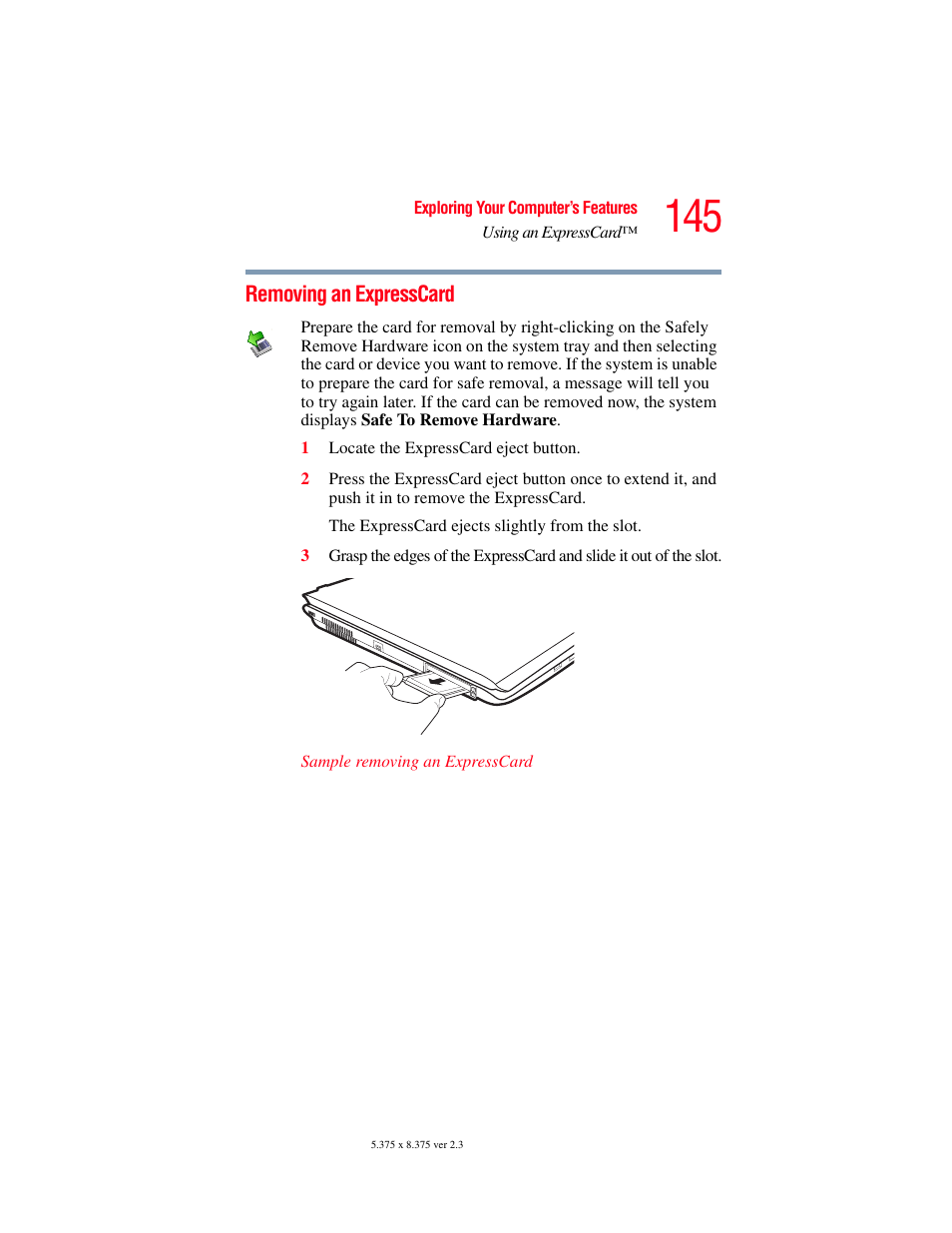 Removing an expresscard | Toshiba P100/P105 User Manual | Page 145 / 280