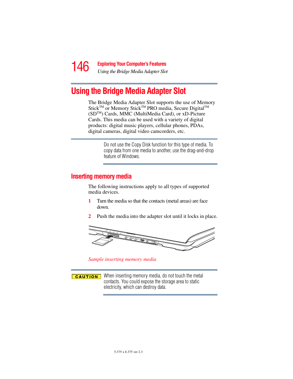 Using the bridge media adapter slot, Inserting memory media | Toshiba P100/P105 User Manual | Page 146 / 280