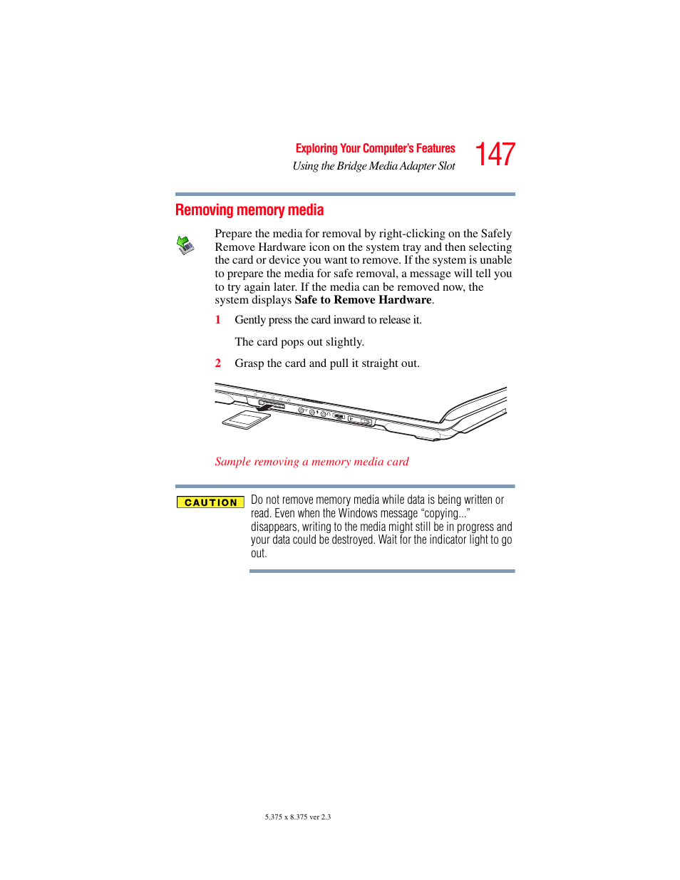 Removing memory media | Toshiba P100/P105 User Manual | Page 147 / 280