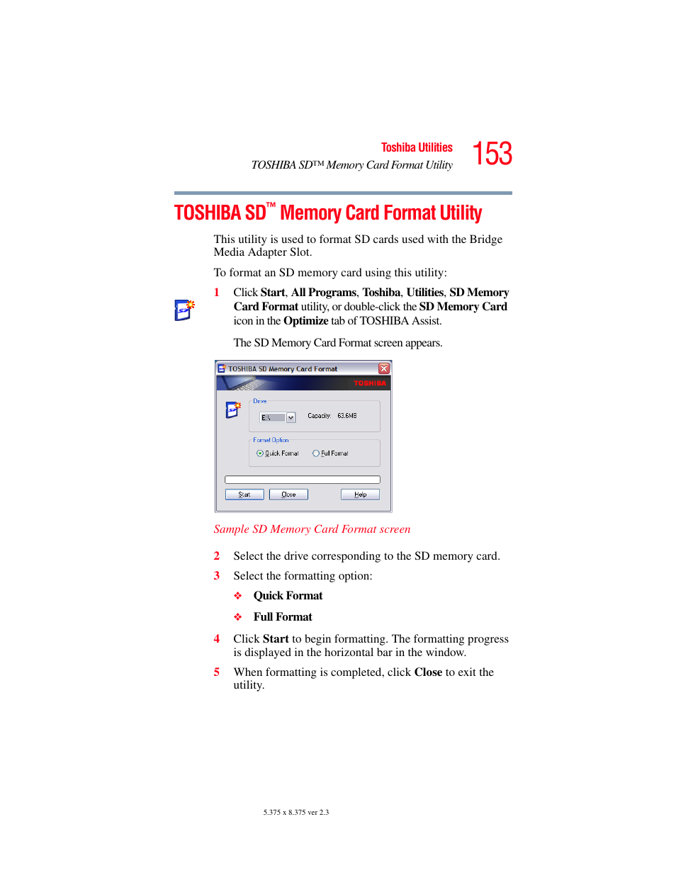 Toshiba sd™ memory card format utility, Toshiba sd | Toshiba P100/P105 User Manual | Page 153 / 280