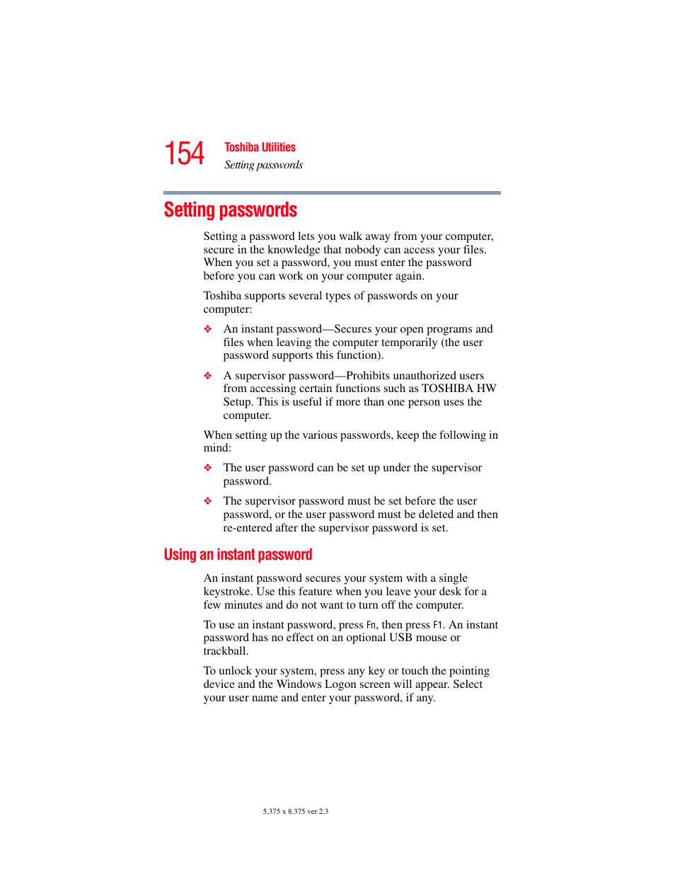 Setting passwords, Using an instant password, User password | Supervisor password | Toshiba P100/P105 User Manual | Page 154 / 280