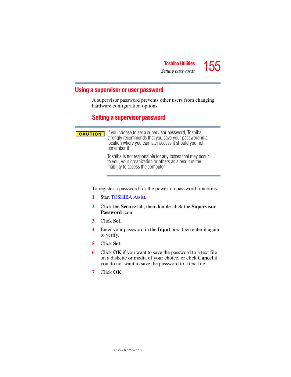 Using a supervisor or user password, Supervisor password | Toshiba P100/P105 User Manual | Page 155 / 280