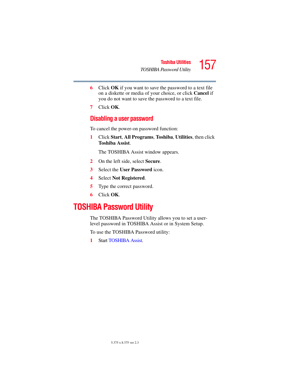 Toshiba password utility | Toshiba P100/P105 User Manual | Page 157 / 280