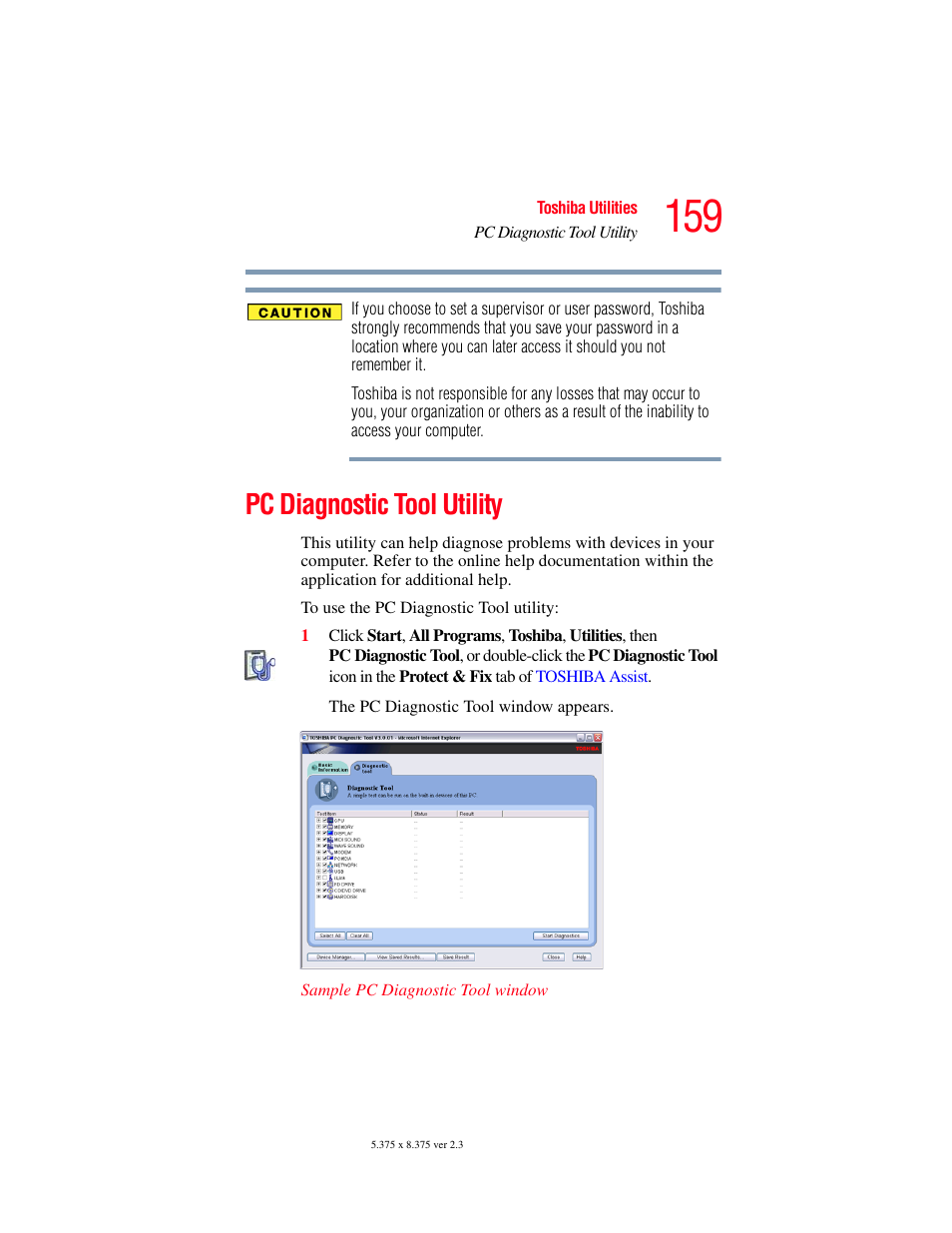 Pc diagnostic tool utility | Toshiba P100/P105 User Manual | Page 159 / 280