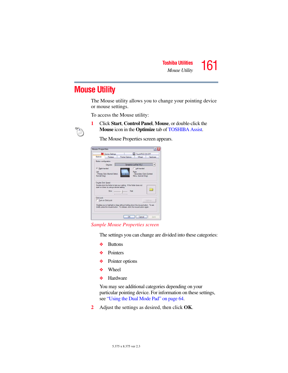 Mouse utility | Toshiba P100/P105 User Manual | Page 161 / 280