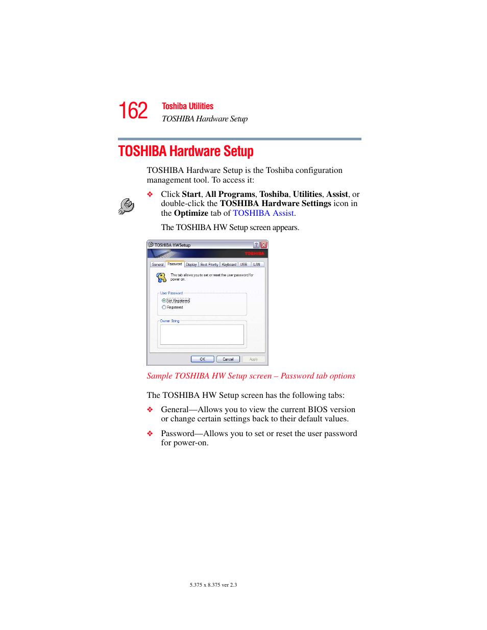 Toshiba hardware setup | Toshiba P100/P105 User Manual | Page 162 / 280