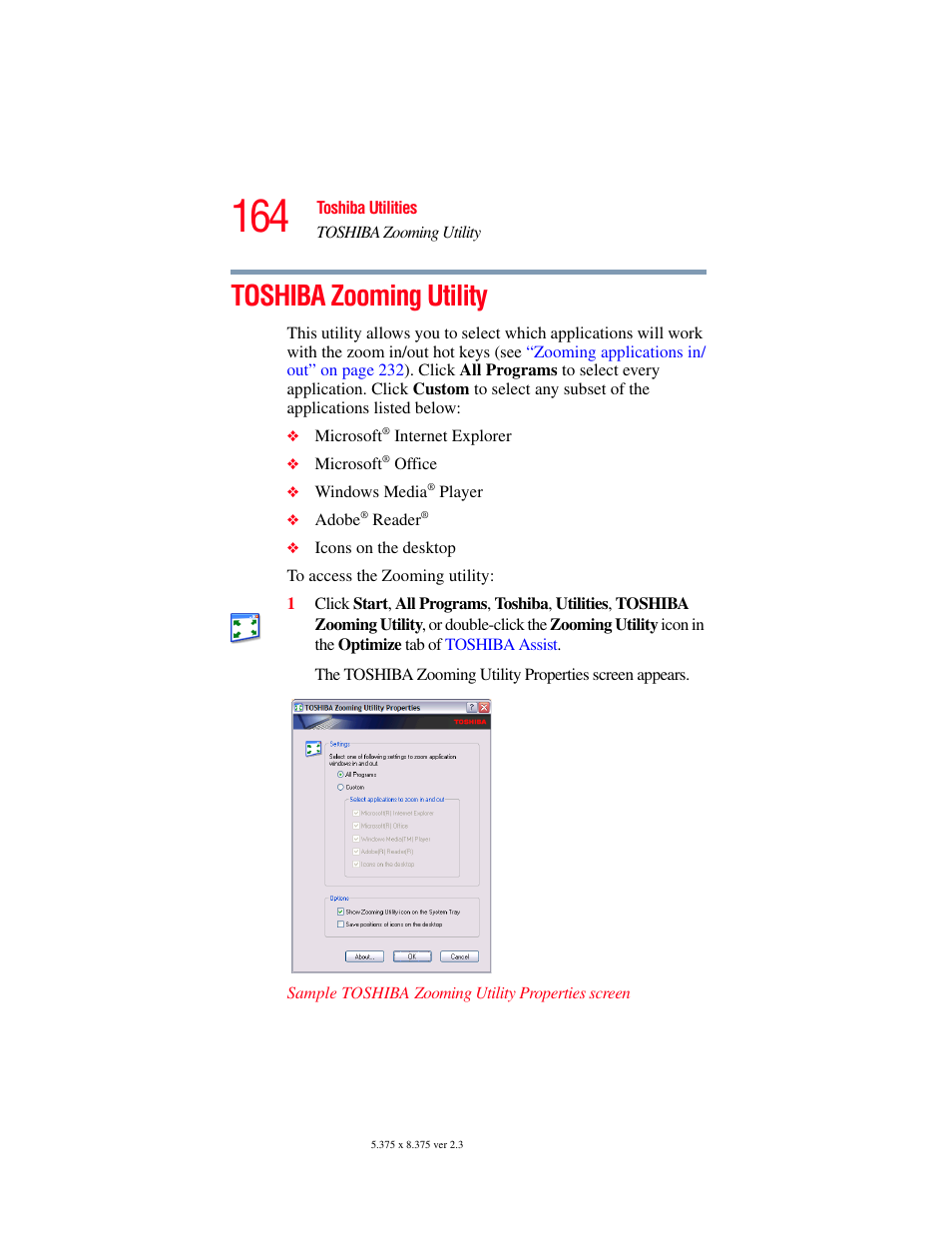 Toshiba zooming utility | Toshiba P100/P105 User Manual | Page 164 / 280