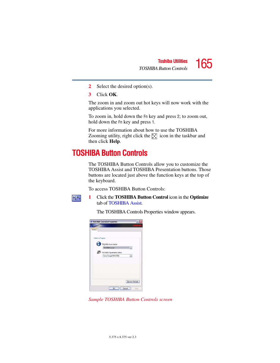 Toshiba button controls | Toshiba P100/P105 User Manual | Page 165 / 280