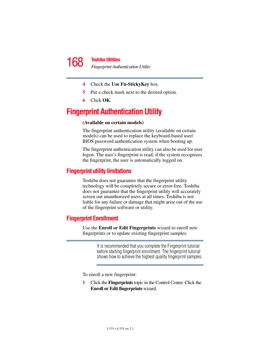 Fingerprint authentication utility, Fingerprint utility limitations, Fingerprint enrollment | Toshiba P100/P105 User Manual | Page 168 / 280