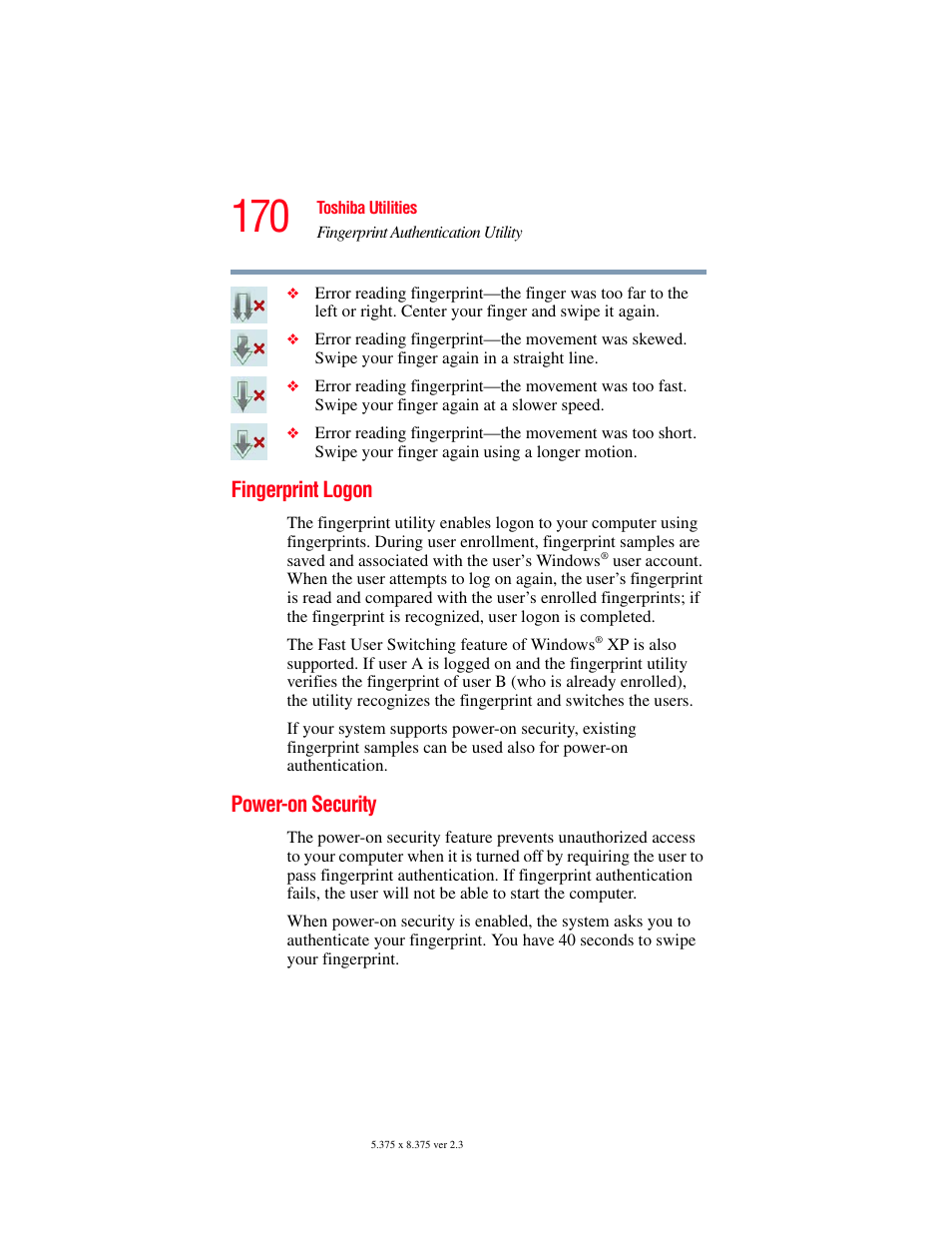 Fingerprint logon, Power-on security, Fingerprint logon power-on security | Toshiba P100/P105 User Manual | Page 170 / 280