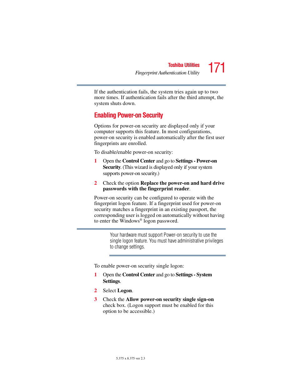 Enabling power-on security | Toshiba P100/P105 User Manual | Page 171 / 280