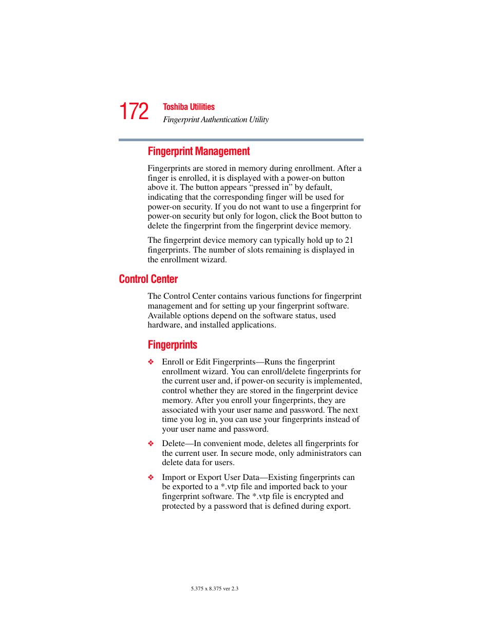 Control center | Toshiba P100/P105 User Manual | Page 172 / 280