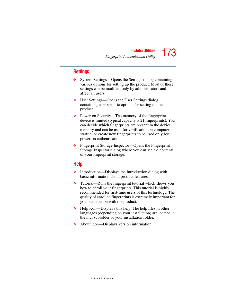 Settings, Help | Toshiba P100/P105 User Manual | Page 173 / 280