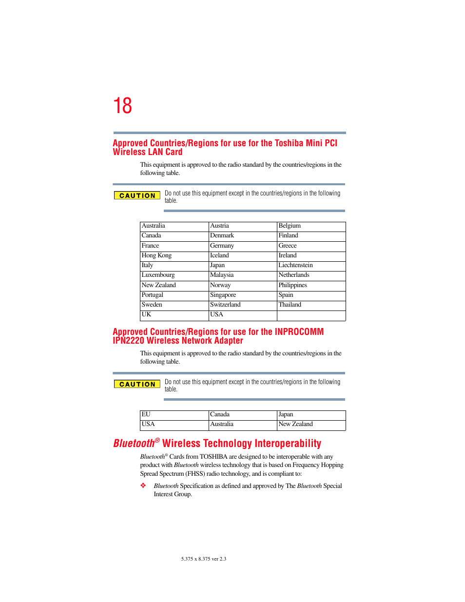 Bluetooth, Wireless technology interoperability | Toshiba P100/P105 User Manual | Page 18 / 280