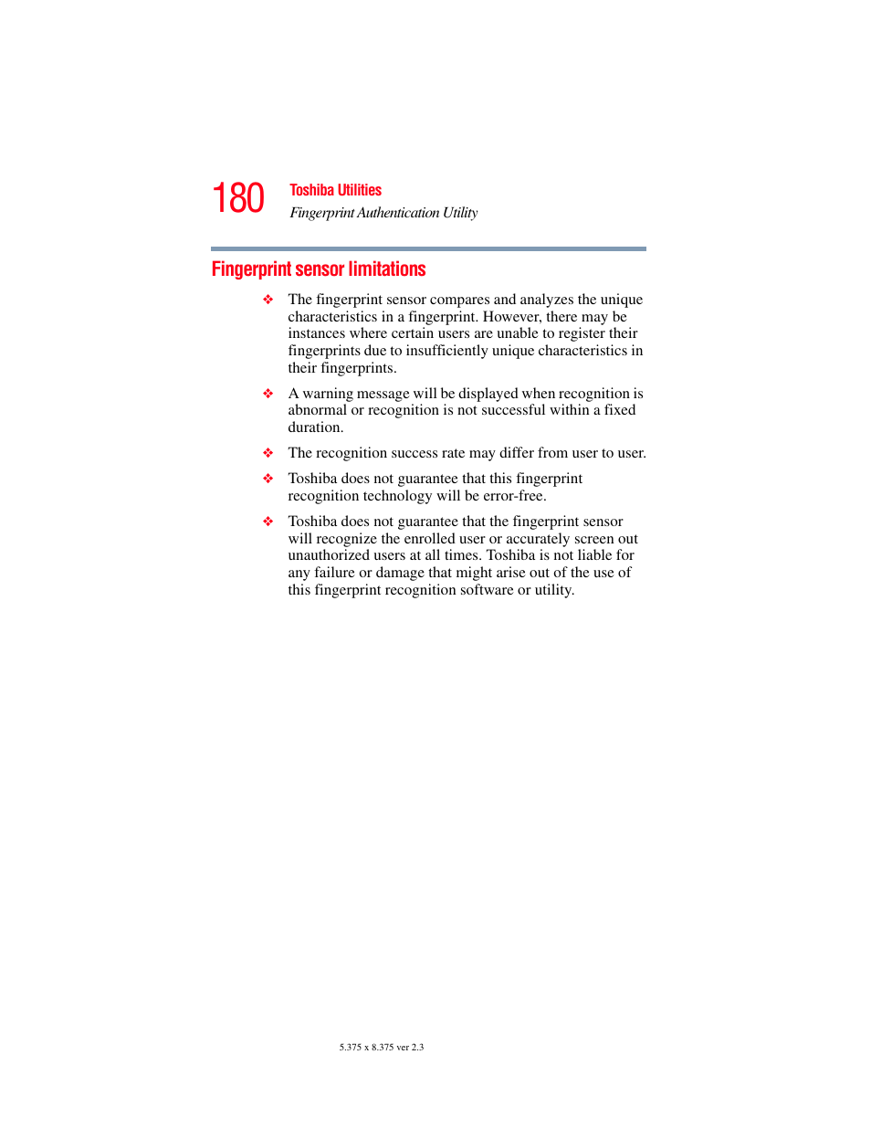 Fingerprint sensor limitations | Toshiba P100/P105 User Manual | Page 180 / 280
