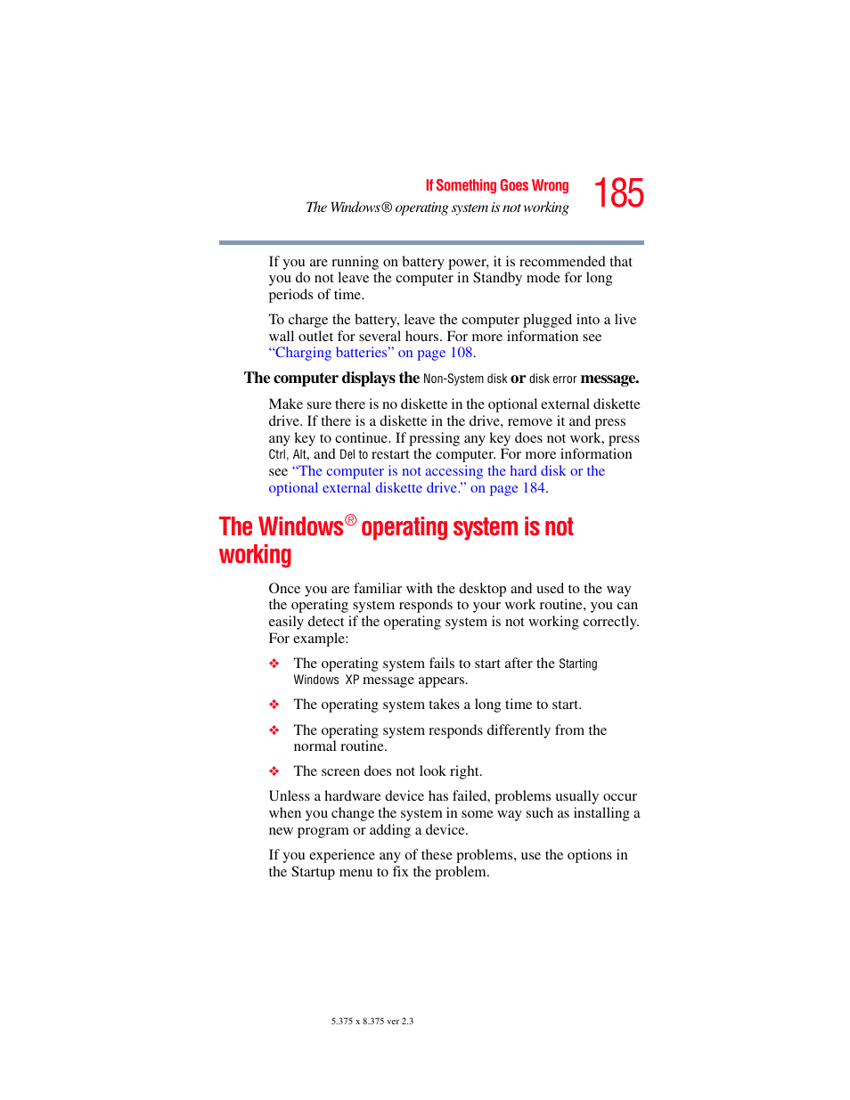 The windows ® operating system is not working, The windows, Operating system is not working | Toshiba P100/P105 User Manual | Page 185 / 280