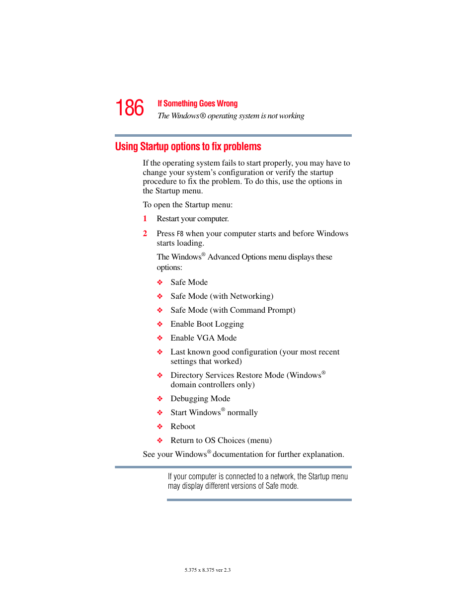 Using startup options to fix problems | Toshiba P100/P105 User Manual | Page 186 / 280