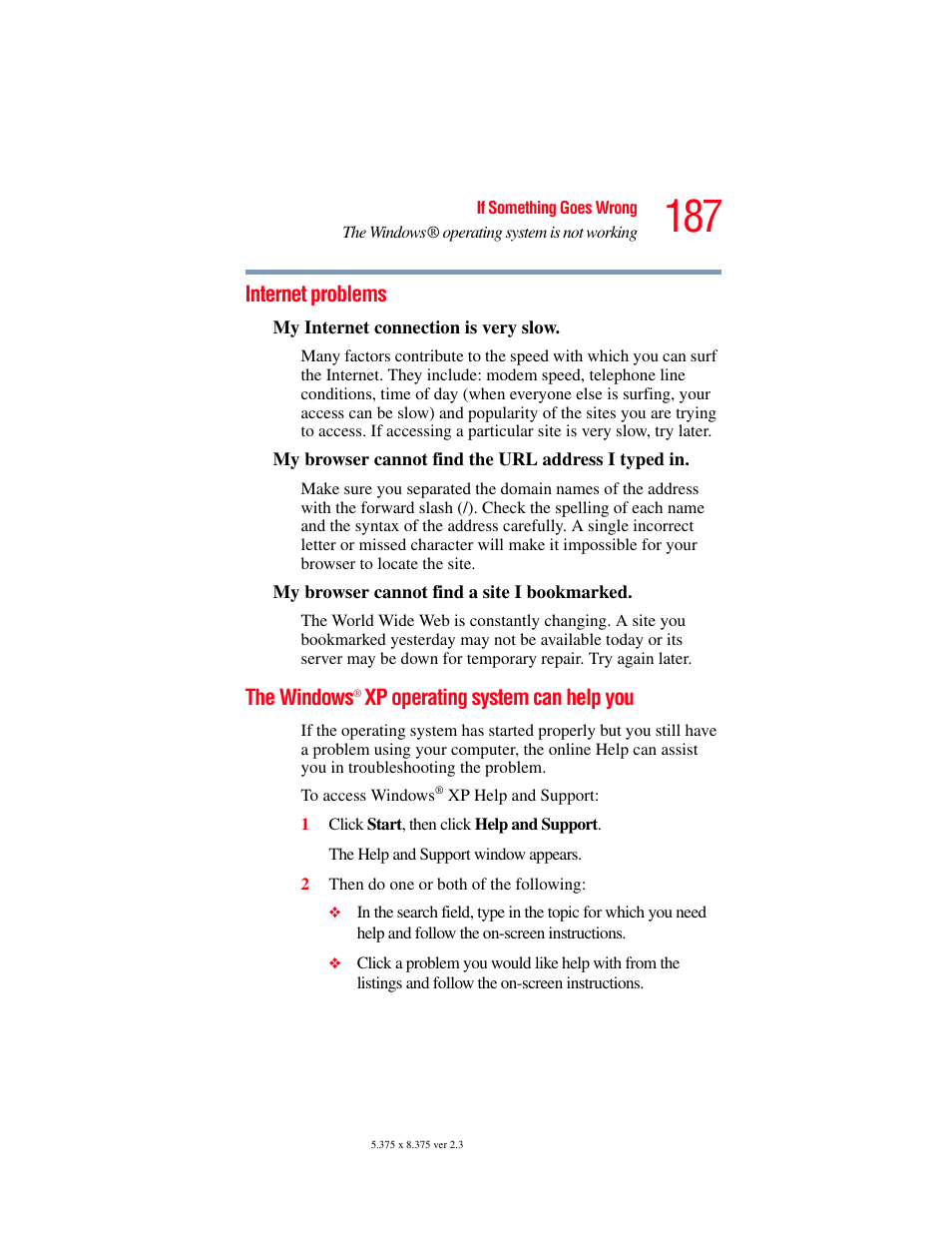 Internet problems, The windows® xp operating system can help you, Internet problems the windows | The windows, Xp operating system can help you | Toshiba P100/P105 User Manual | Page 187 / 280