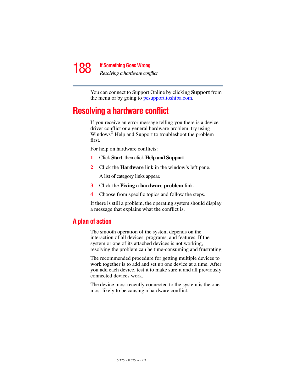 Resolving a hardware conflict, A plan of action, Resolving a | Toshiba P100/P105 User Manual | Page 188 / 280