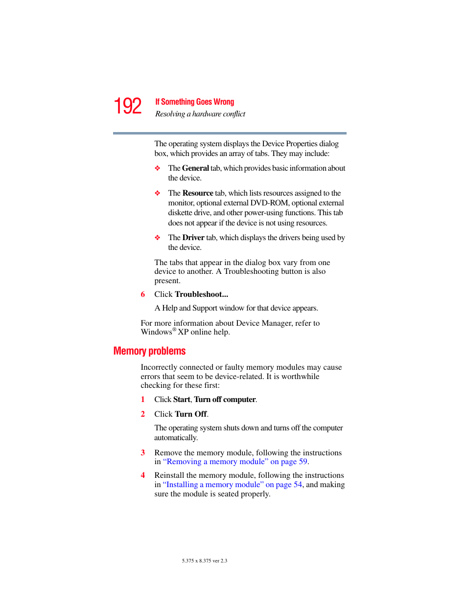 Memory problems | Toshiba P100/P105 User Manual | Page 192 / 280