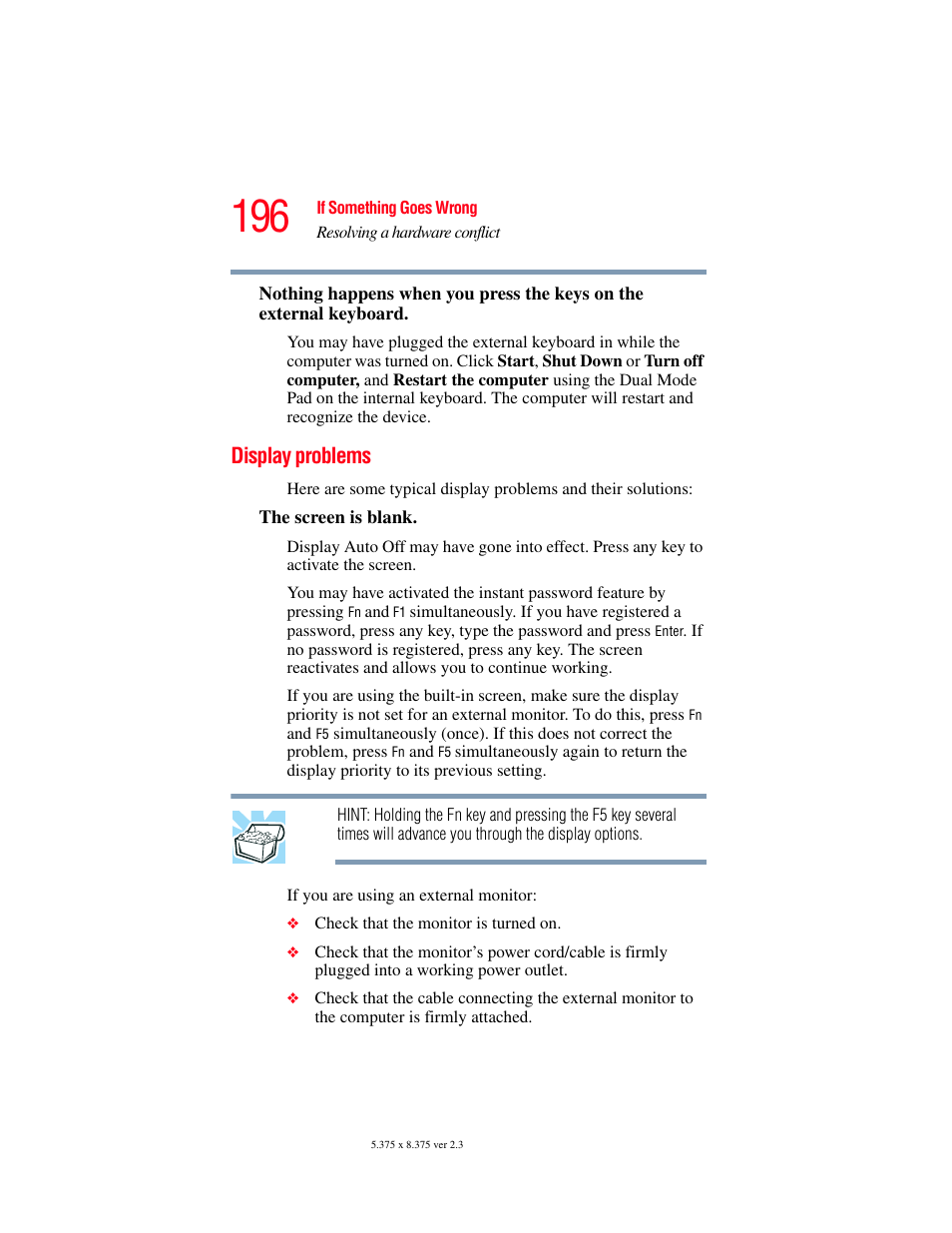 Display problems | Toshiba P100/P105 User Manual | Page 196 / 280