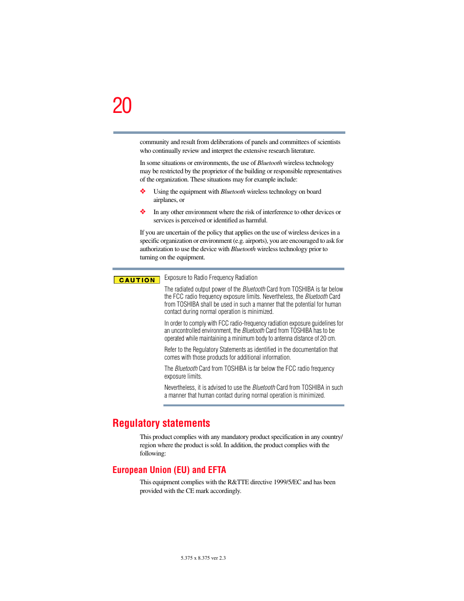 Regulatory statements | Toshiba P100/P105 User Manual | Page 20 / 280