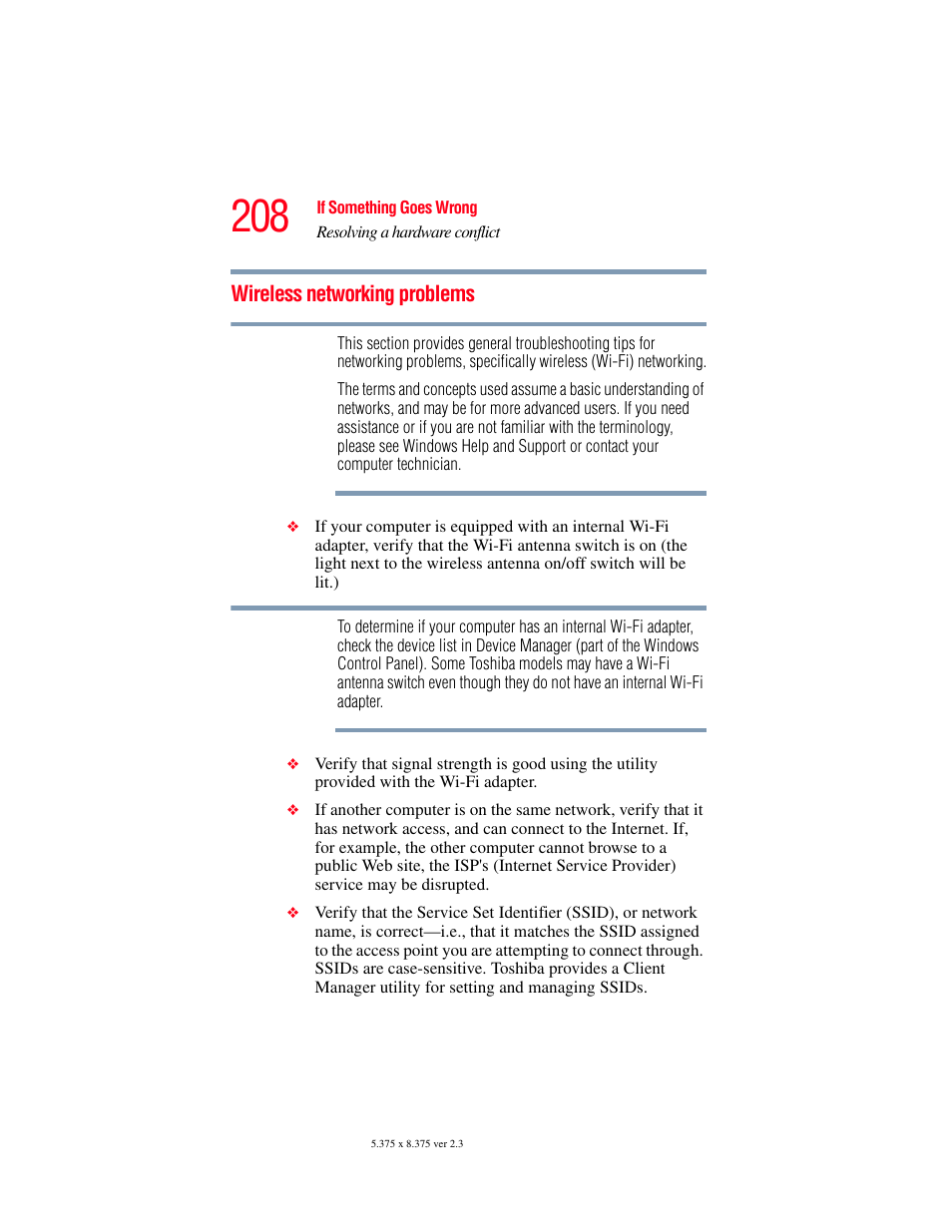 Wireless networking problems | Toshiba P100/P105 User Manual | Page 208 / 280