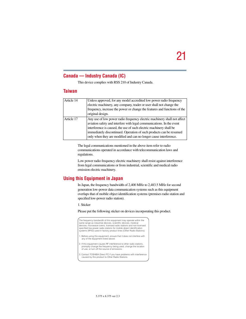 Canada — industry canada (ic), Taiwan, Using this equipment in japan | Toshiba P100/P105 User Manual | Page 21 / 280