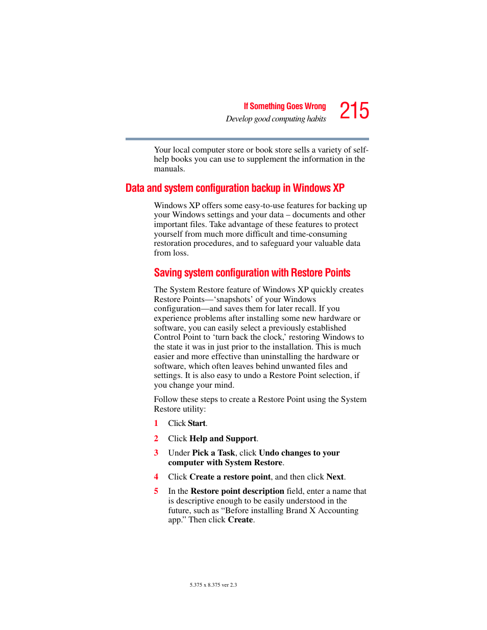 Data and system configuration backup in windows xp, Data and system configuration backup in, Windows xp | Toshiba P100/P105 User Manual | Page 215 / 280