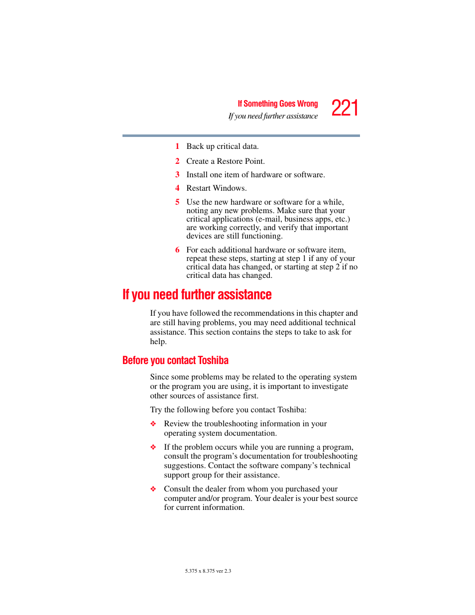 If you need further assistance, Before you contact toshiba | Toshiba P100/P105 User Manual | Page 221 / 280
