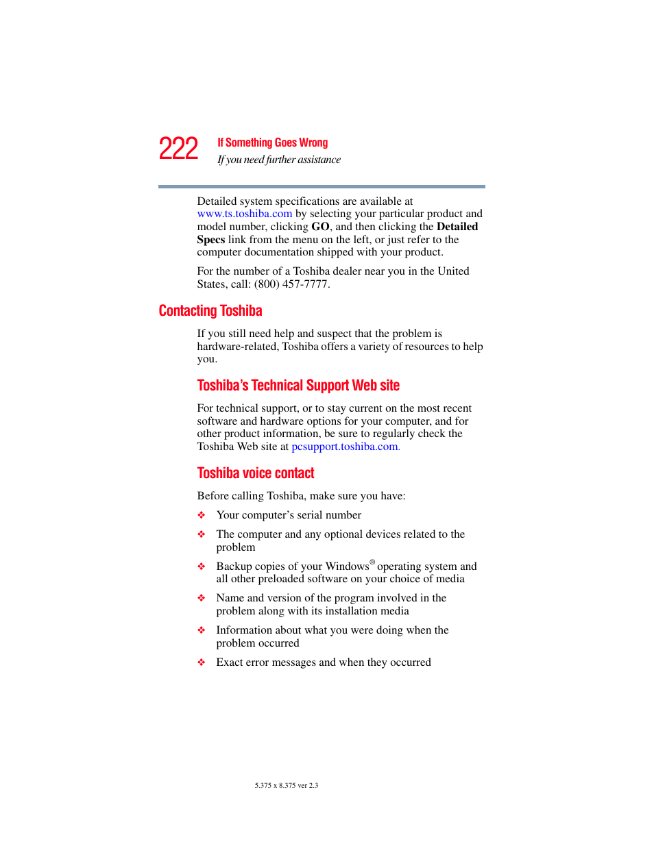 Contacting toshiba, Toshiba’s technical support web site, Toshiba voice contact | Toshiba P100/P105 User Manual | Page 222 / 280