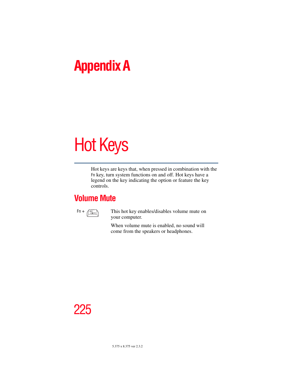 Appendix a: hot keys, Volume mute, Hot keys” on | Hot keys, Appendix a | Toshiba P100/P105 User Manual | Page 225 / 280