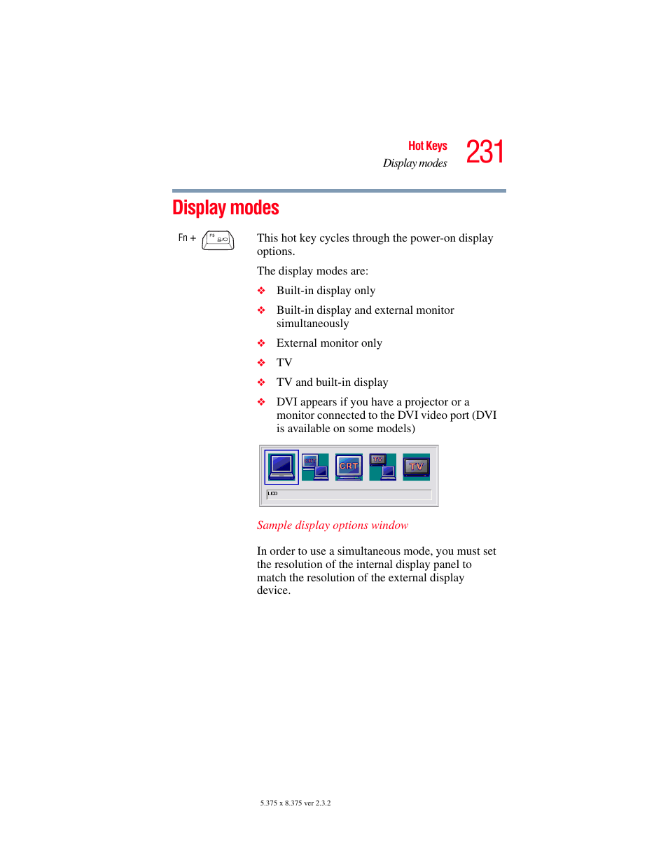 Display modes | Toshiba P100/P105 User Manual | Page 231 / 280