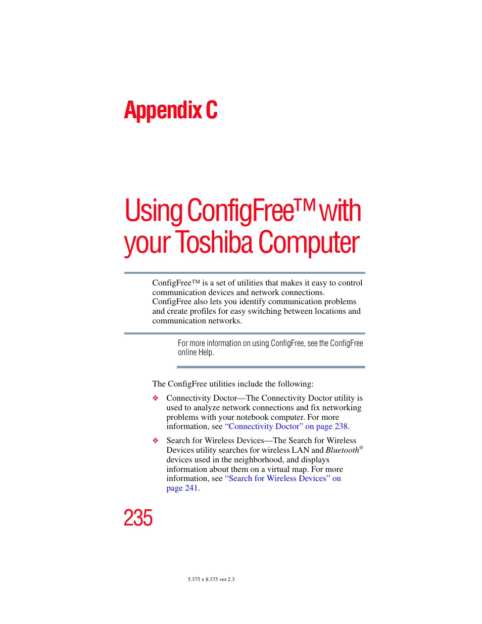 Appendix c: using configfree, Configfree, Using configfree™ with your toshiba computer | Appendix c | Toshiba P100/P105 User Manual | Page 235 / 280