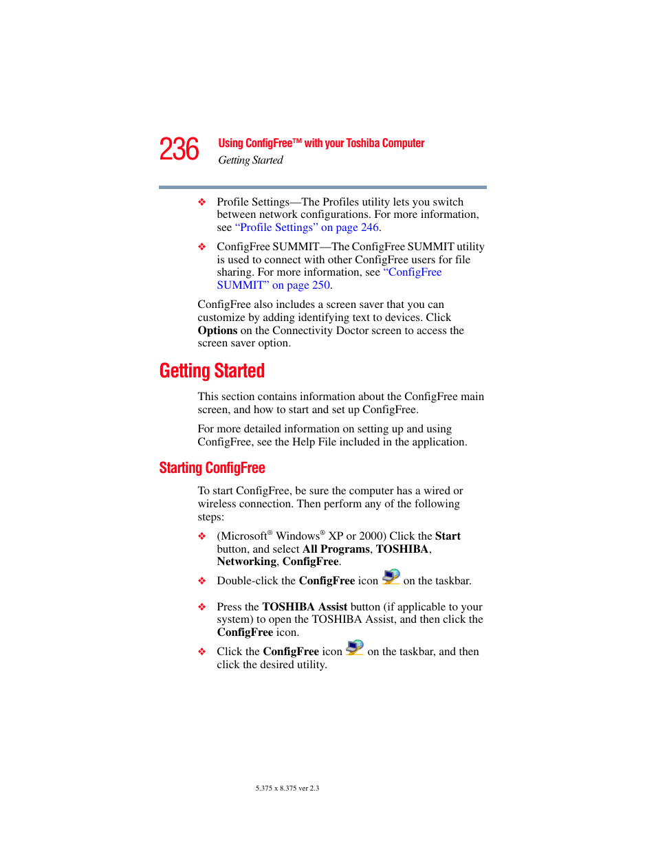 Getting started, Starting configfree | Toshiba P100/P105 User Manual | Page 236 / 280