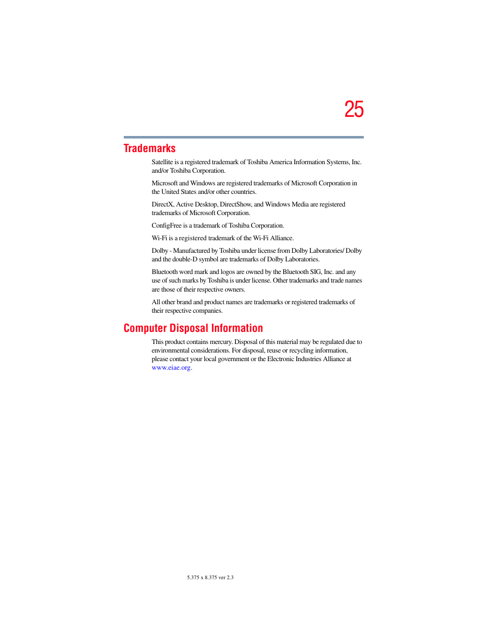 Trademarks, Computer disposal information | Toshiba P100/P105 User Manual | Page 25 / 280
