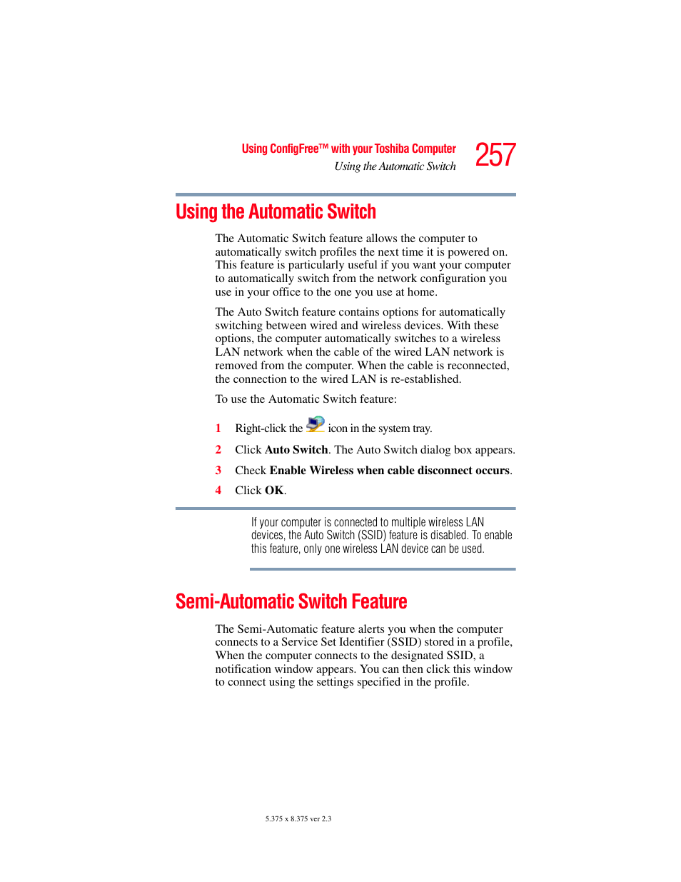 Using the automatic switch, Semi-automatic switch feature | Toshiba P100/P105 User Manual | Page 257 / 280