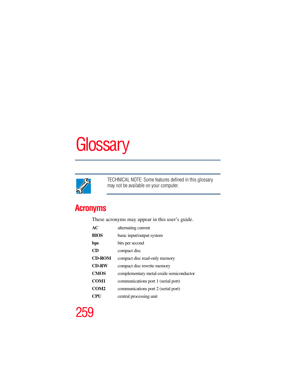 Glossary, Acronyms | Toshiba P100/P105 User Manual | Page 259 / 280